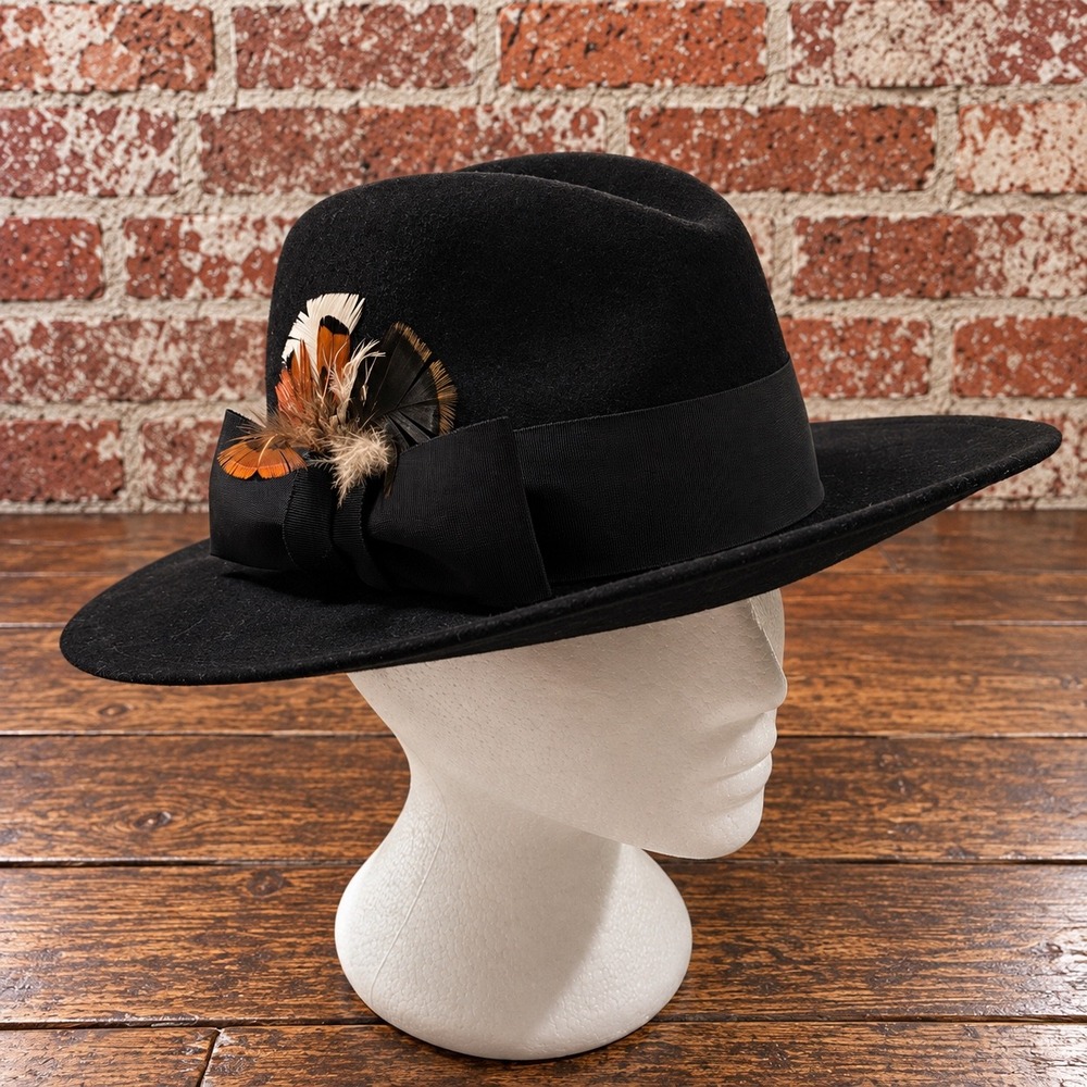Vintage 100% Wool Western Fedora Hat Feather Fall Thanksgiving Boho Equestrian